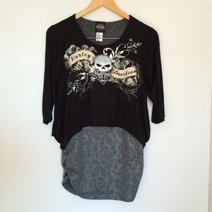 Harley Davidson Long Top Tunic Small Black Gray Silver 3\4 Sleeve Rhinestones
